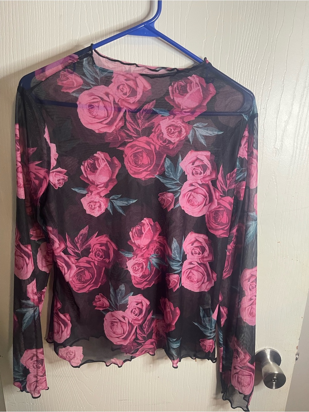 SHEIN Black Sheer Long-Sleeve Top with Pink Rose Print
